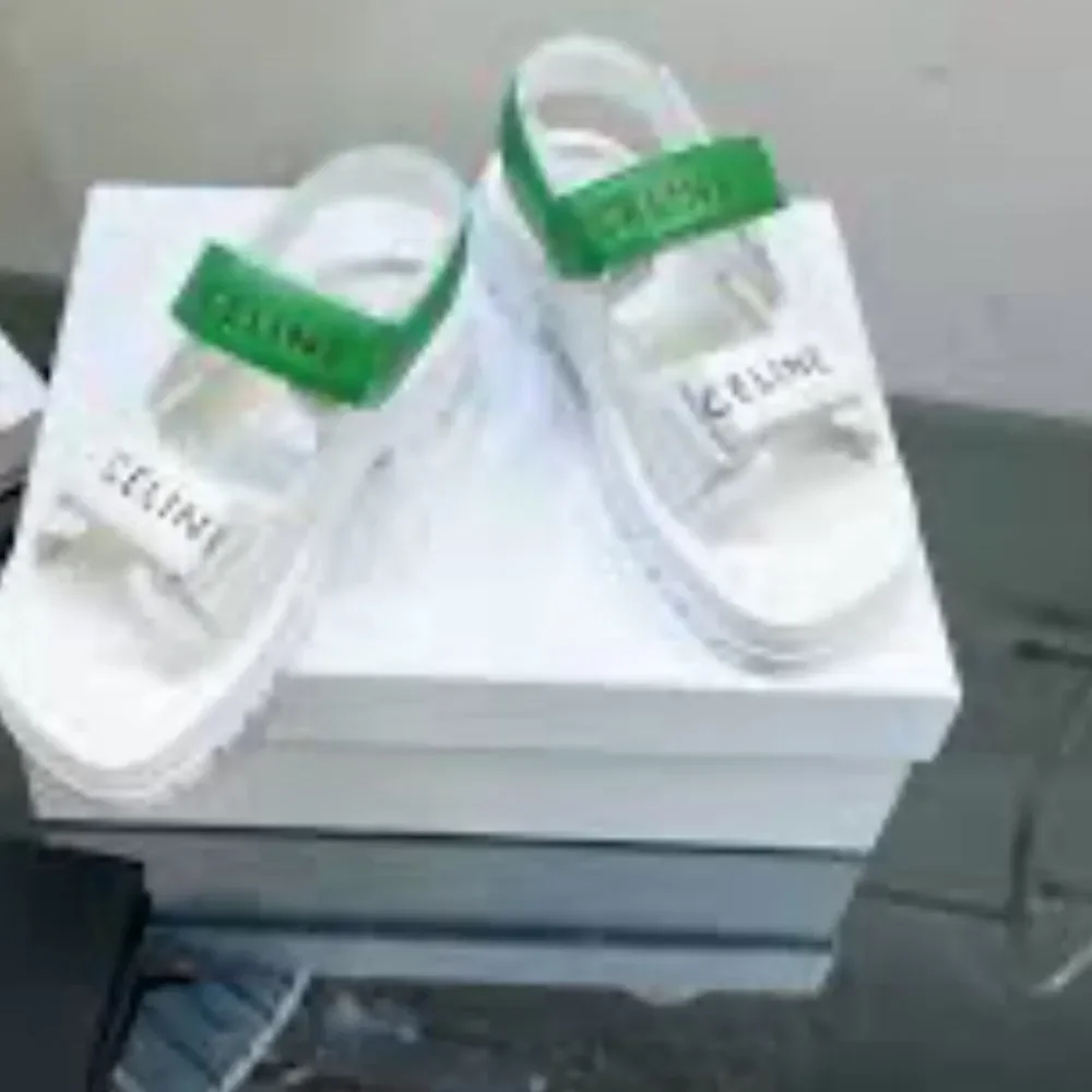 NEW Celine Leo Scratch Calfskin Double Strap Sandals in white and green $850 - Picture 2 of 4